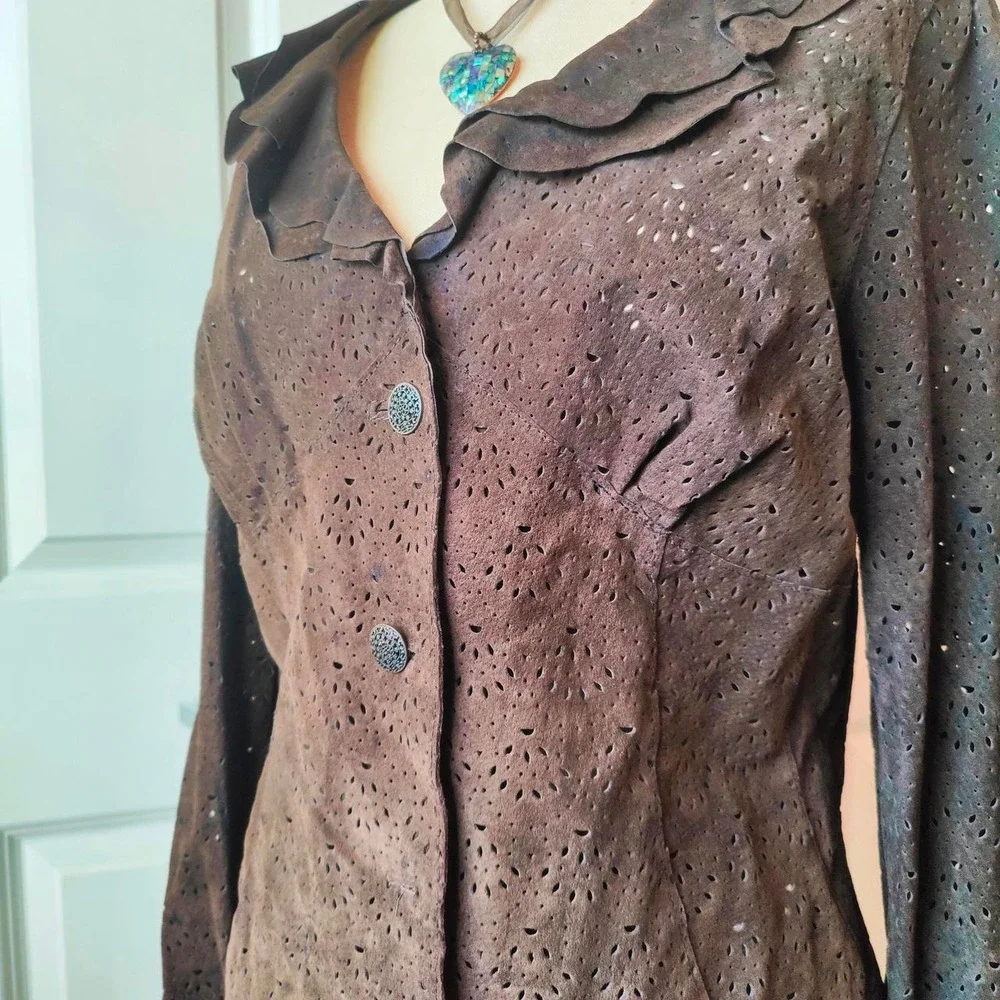 Vintage 90s Brown Suede Jacket Laser‎ Cut Bell Coldwater Creek Boho Western Sz M